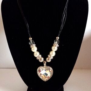 Pearl and Silvertone Necklace with Large Glass Heart.